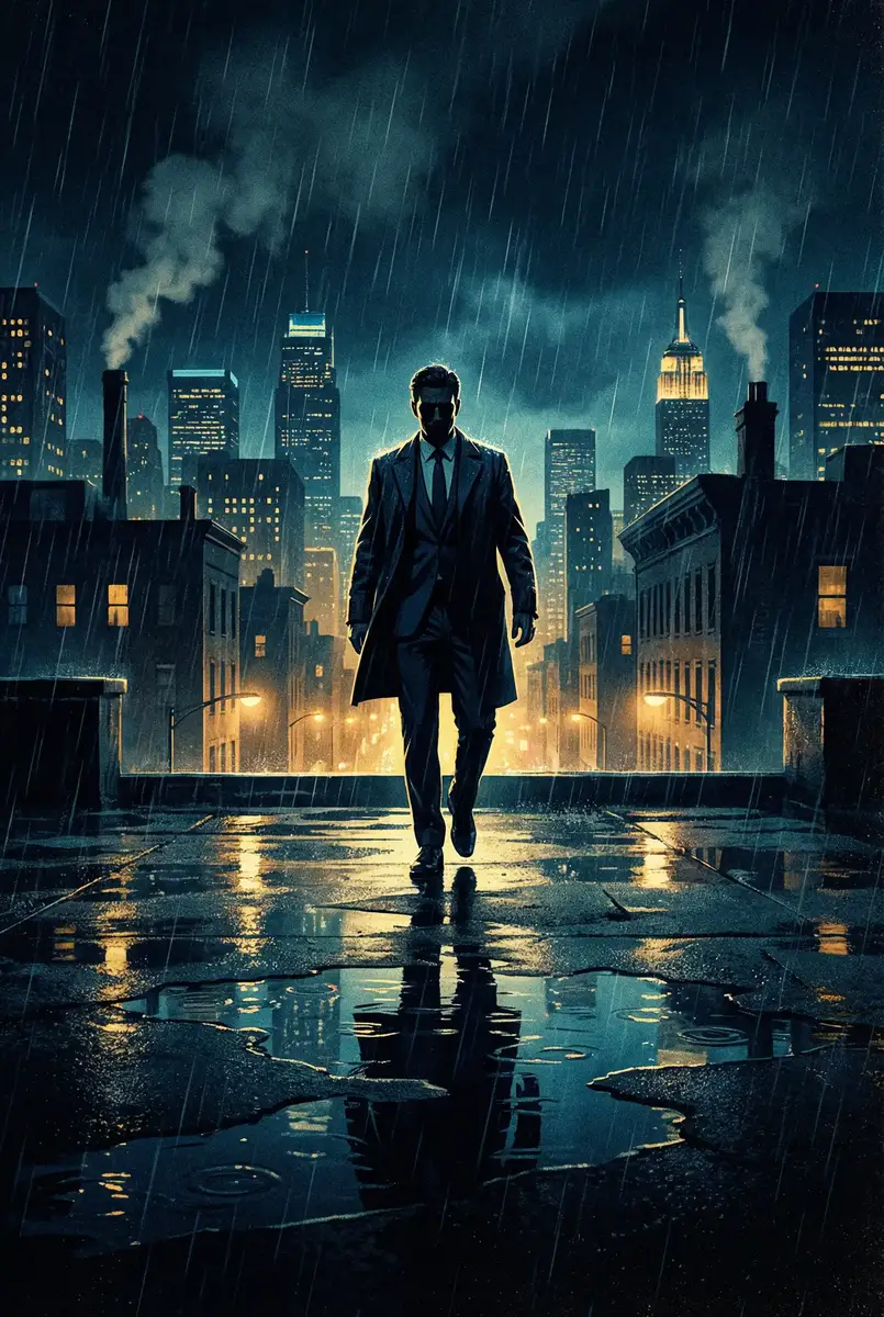 密室逃生2完整版在线观看 出品影片《雨夜独行者》海报，雨中城市屋顶男性剪影